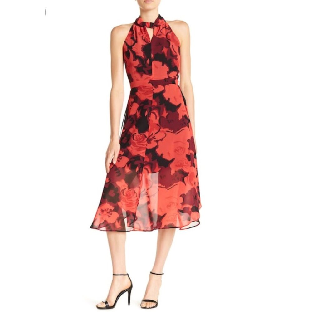 Floral Pink, Red and Black Halter Dress